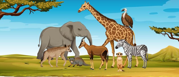 Group of wild african animal in the forest scene