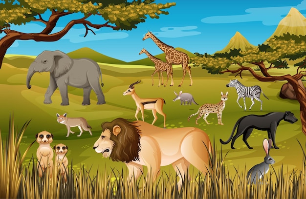 Free Vector | Group of wild african animal in the forest scene Free Vector | Group of wild african animal in the forest scene