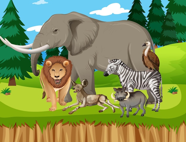 Free vector group of wild african animal in the forest scene