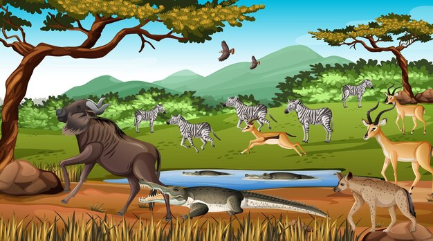 Group of Wild African Animal in the forest scene