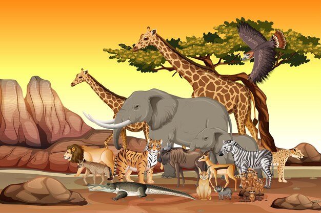 Group of Wild African Animal in the forest scene