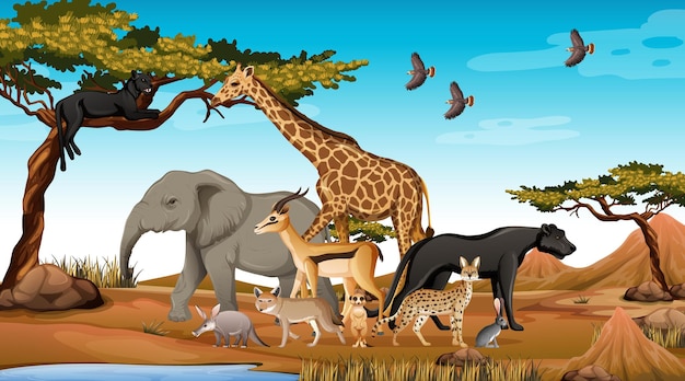 Free vector group of wild african animal in the forest scene