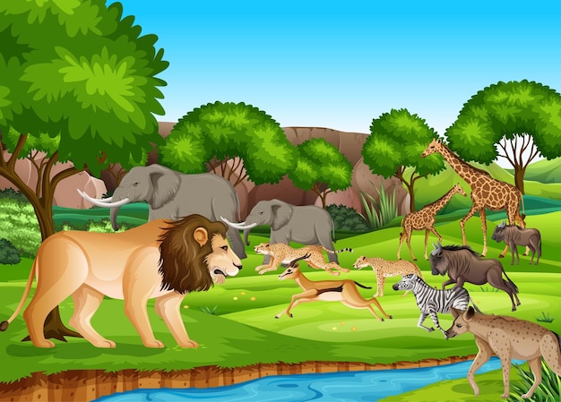 森のシーンで野生のアフリカの動物のグループ