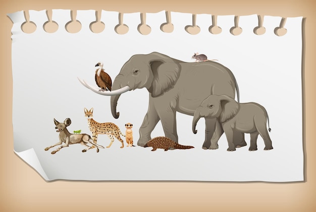Группа диких африканских животных на бумаге