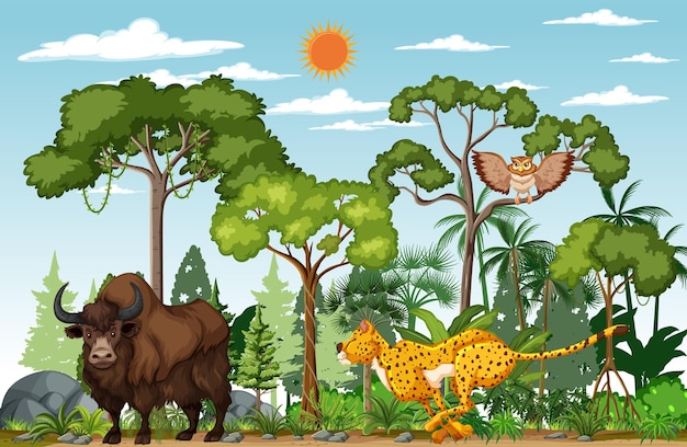 Free vector group of wild animals in nature forest scene