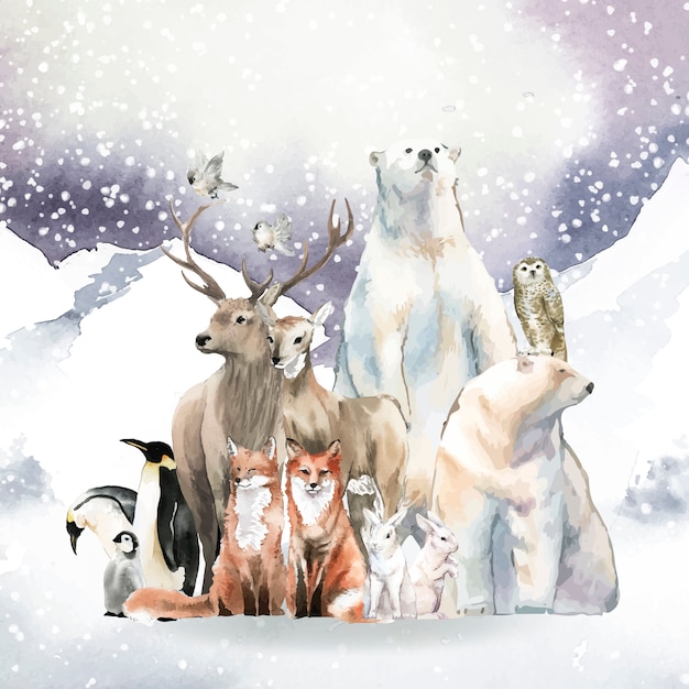 Group of wild animals in the snow drawn in watercolor