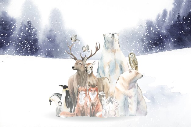 Group of wild animals in the snow drawn in watercolor