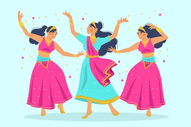 Free vector group of women dancing bollywood illustration