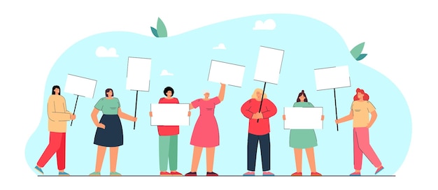 Group of women with banners protesting. Female characters fighting for equality and rights flat  illustration. Feminism, gender equality concept