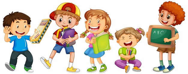 Group of young children cartoon character on white background