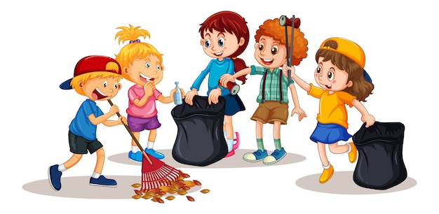 Group of young children cartoon character on white background