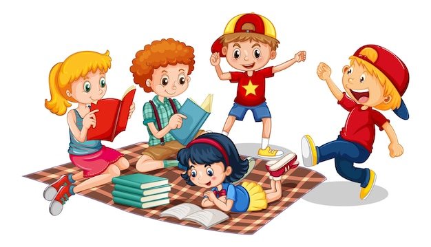 Group of young children cartoon character on white background