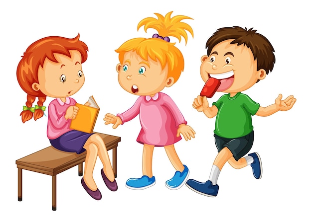 Group of young children cartoon character on white background