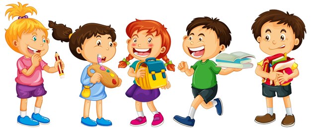 Group of young children cartoon character on white