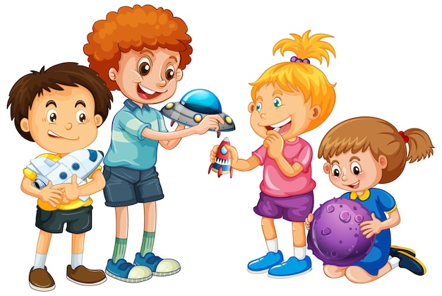 Group of young children cartoon character on white