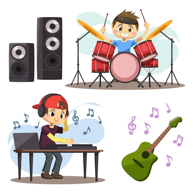 Free vector group of young musicians play drum near speaker and turn on music record near guitar