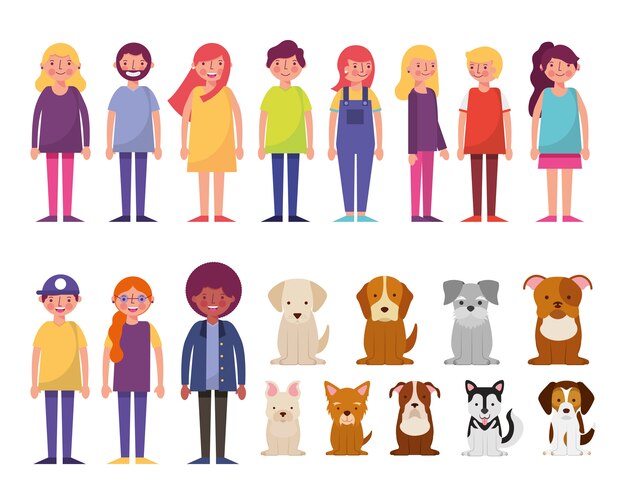 Group of young people and dogs characters