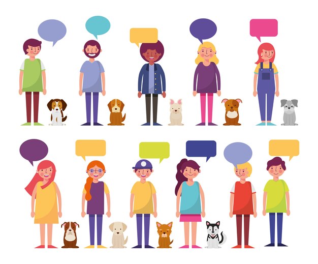 Group of young people and dogs characters