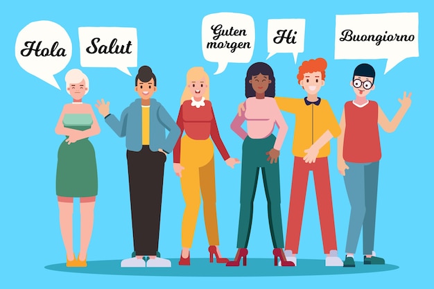 Free vector group of young people talking in different languages