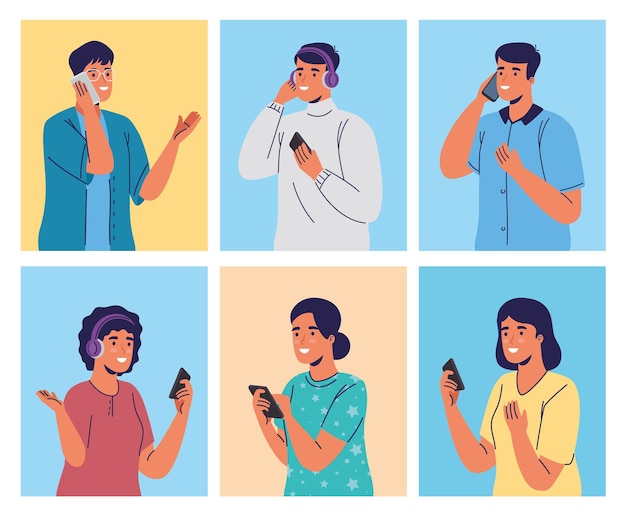 Group of young people using smartphones characters