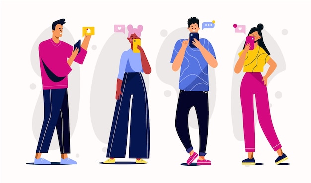 Free vector group of young people using smartphones