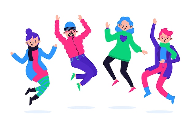 Free vector group of young people wearing winter clothes jumping