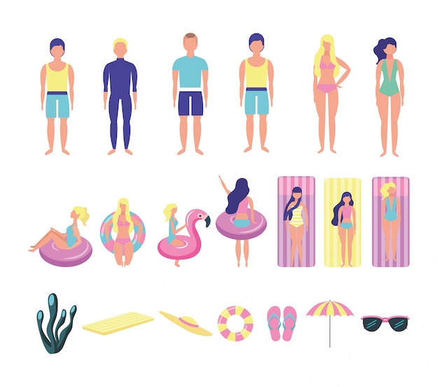 Group of young people with beach costumes bundle characters