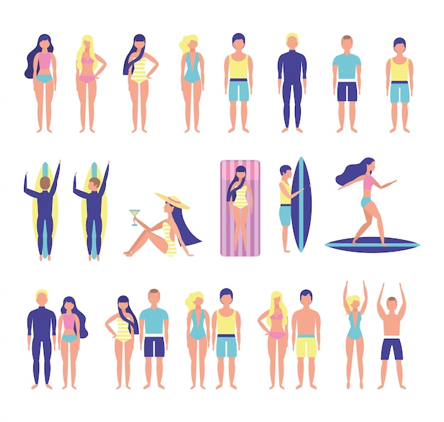 Group of young people with beach costumes bundle characters