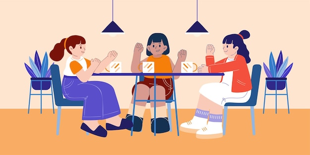 Группа молодых женщин разговаривает с друзьями в кафе