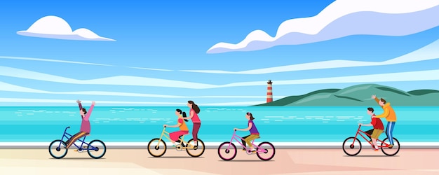 Группы детей катаются на велосипедах по пляжу, развлекаясь в летние каникулы. дизайн плоской векторной иллюстрации