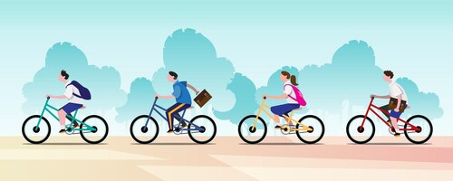 Groups of students ride bicycles to go to school having fun. education is like going on a journey around the world. flat vector illustration design