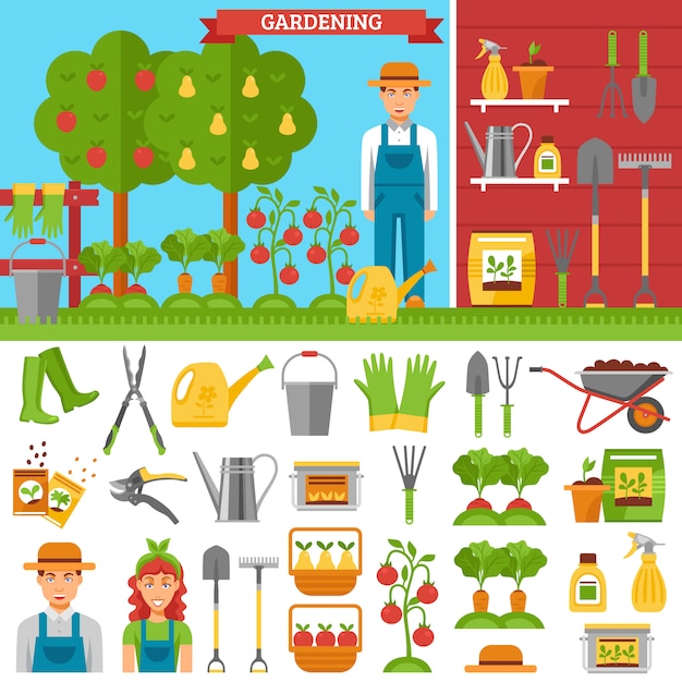 Free vector growing vegetables and fruits in garden