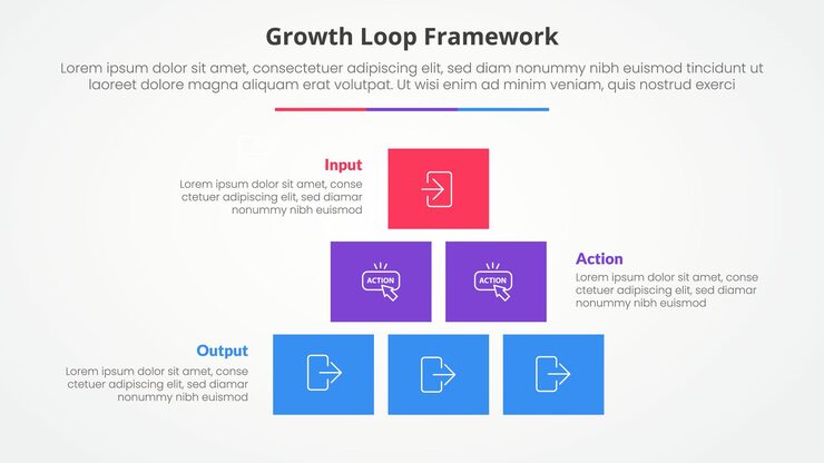 무료 Vector 성장 루프 프레임 워크 슬라이드 프레젠테이션을 위한 인포그래픽 개념: 상자 직사각형 피라미드 구조와 평평한 스타일의 3점 목록