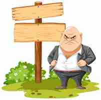 Free vector grumpy man by the wooden signpost