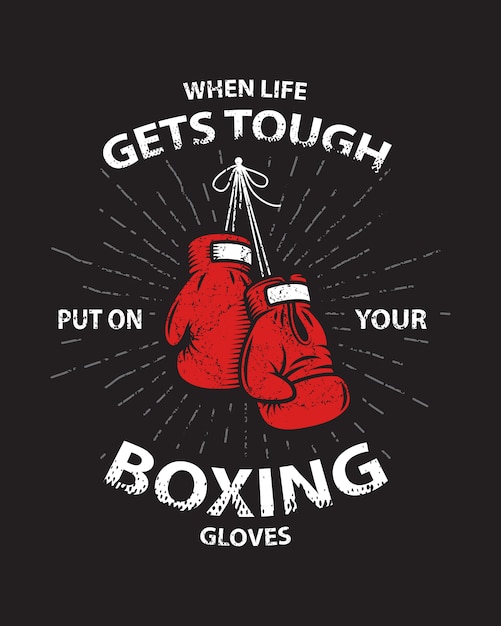 Grunge boxing motivation poster and print with boxing gloves, text, sunburst and grunge texture.