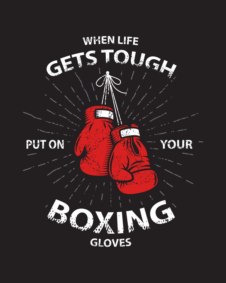 मुफ़्त वेक्टर grunge boxing motivation poster and print with boxing gloves, text, sunburst and grunge texture.