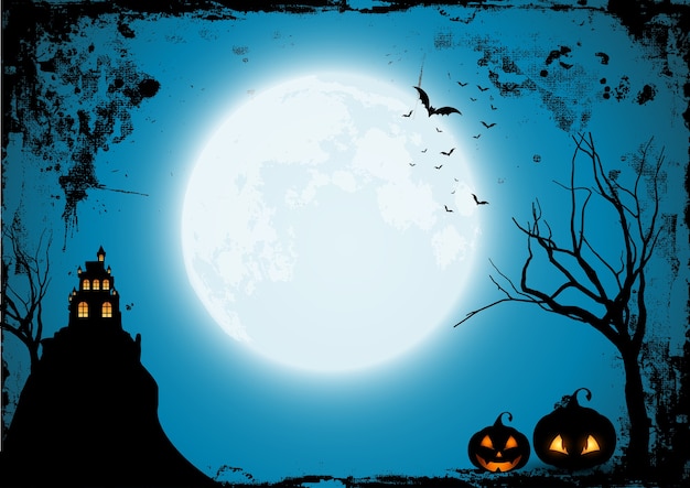 Free vector grunge halloween background with pumpkins and s spooky castle