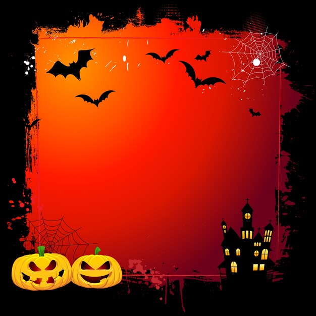 Grunge Halloween background with spooky pumpkins and haunted house