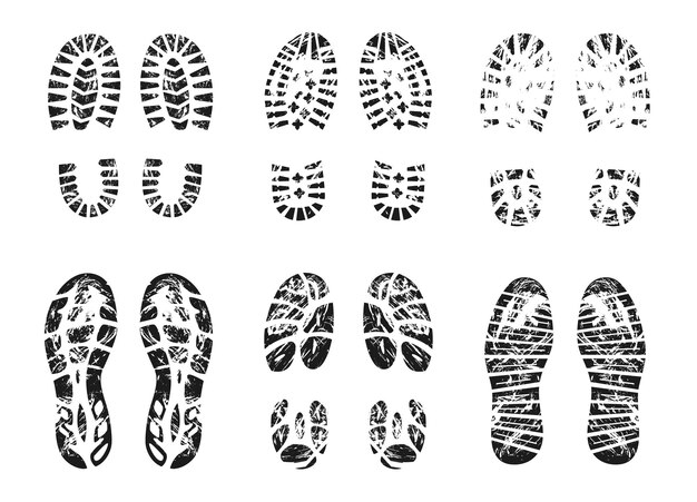 발자국 벡터 일러스트 세트의 그런 지 실루엣입니다. 부츠와 운동화, 신발 우표, 인간의 흔적, 흰색 배경에 격리된 발자국의 흔적. 신발, 질감 개념