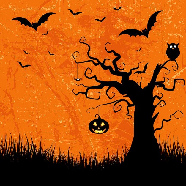 Grunge style halloween background with bats jack o lantern and owl