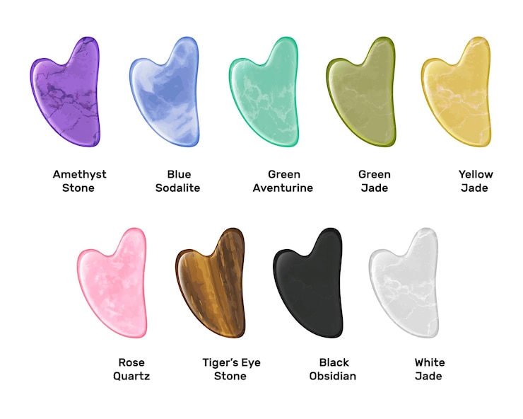 Free Vector gua sha massage tools made of rose quartz jade obsidian blue sodalite green aventurine amethyst tigers eye stone realistic composition isolated vector illustration