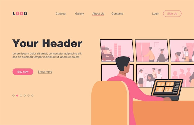 無料ベクター コントロールパネルに座って、cctvコントロールルームのモニターで監視カメラのビデオを見ている警備員。セキュリティシステムワーカー、スパイ、監督の概念のランディングページ
