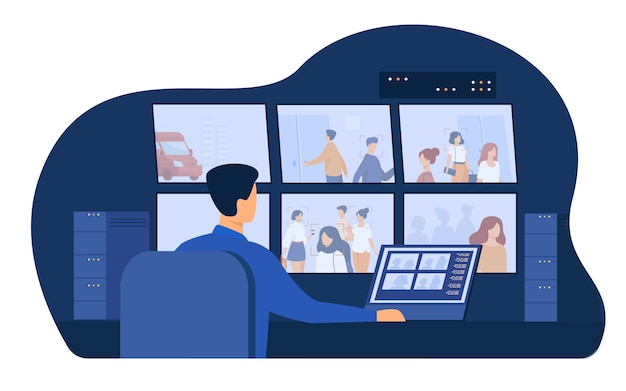 Guard service man sitting at control panel, watching surveillance camera videos on monitors in cctv control room. vector illustration for security system worker, spying, supervision concept