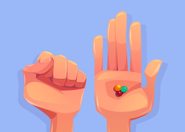 Guess which hand game with closed and open human palms and colorful candies or chewing gum top view. Choose right palm challenge, win and success in kids enigma, surprise, Cartoon vector illustration