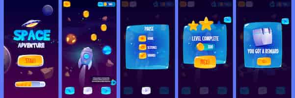 Vettore gratuito schermate dell'app gui per il gioco di avventura spaziale