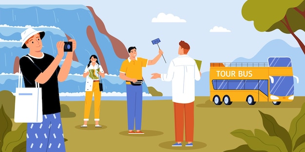 guide and excursion background with sightseeing symbols flat vector illsutration