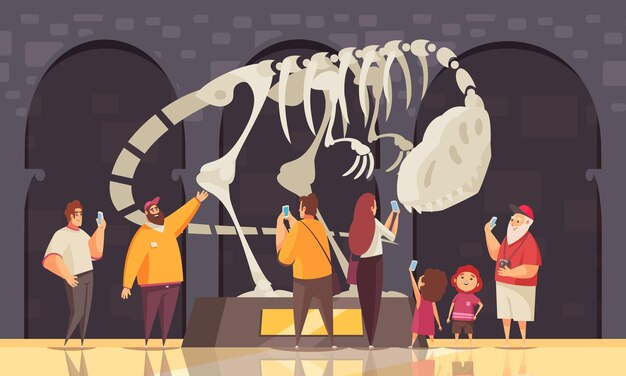 パノプティコン展示室の屋内風景と訪問者のイラストの人間のキャラクターとガイドエクスカーション恐竜の骨格構成