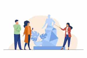 Free vector guide telling about sculpture to tourists. museum, travel, leisure flat vector illustration. art and entertainment concept