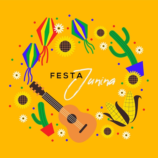 Guitar and cactus flat design festa junina