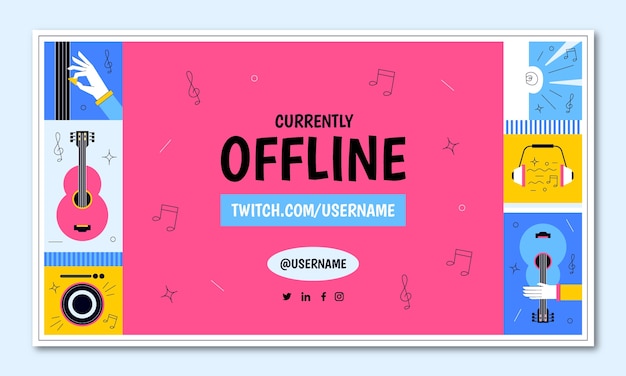 Vettore gratuito modello di banner twitch offline per lezioni di chitarra